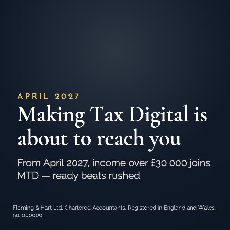 A Finventro LinkedIn post reading "Making Tax Digital is about to reach you", with the practice's regulatory line set as small print along the bottom of the artwork.