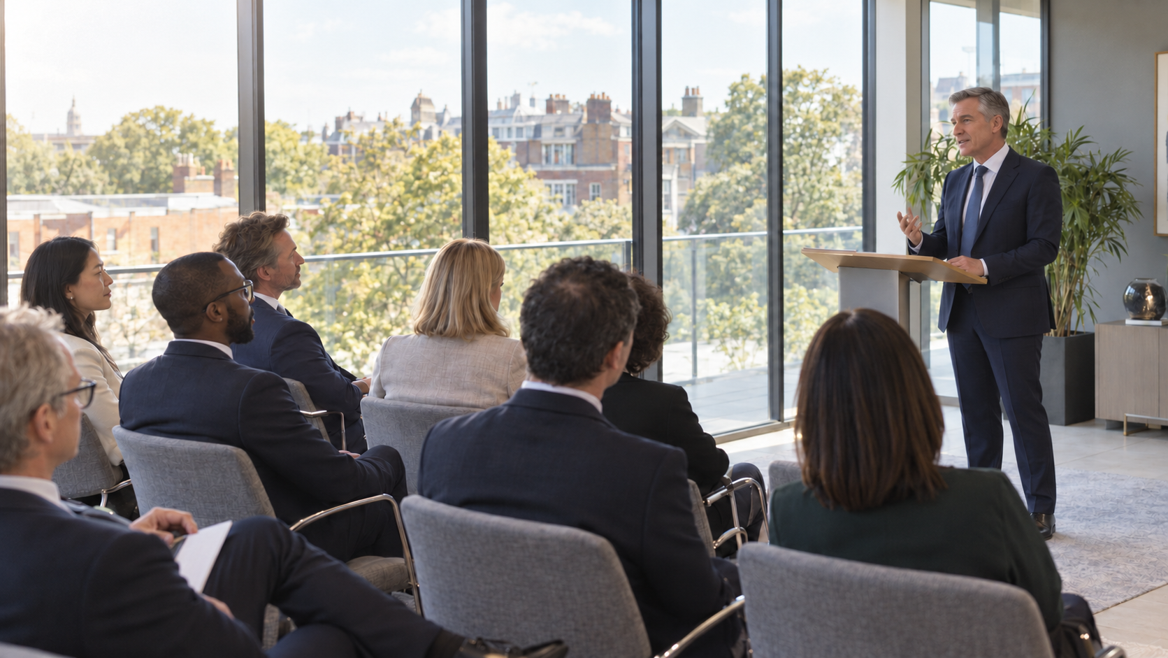 Illustrative client seminar with a male speaker and seated audience