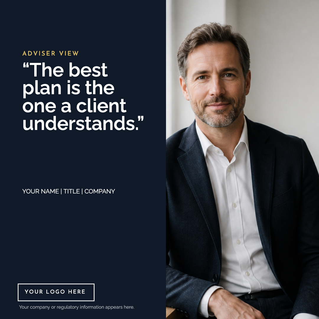 Fictional advisor profile quote treatment with a Your Logo Here position
