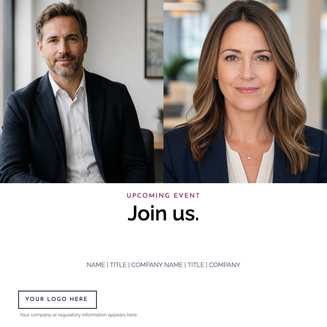 Two fictional speaker profile pictures in a Universal event treatment